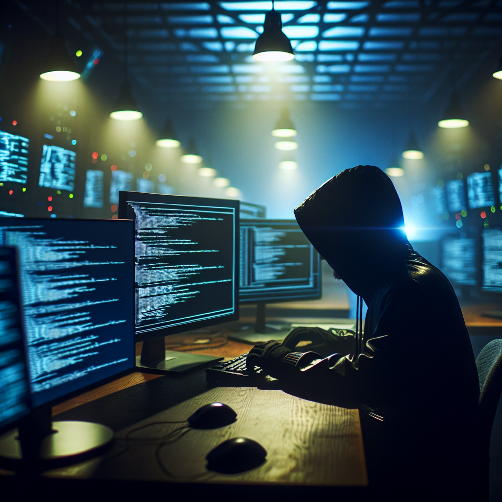Hacker travaillant sur un ordinateur dans une pièce faiblement éclairée.