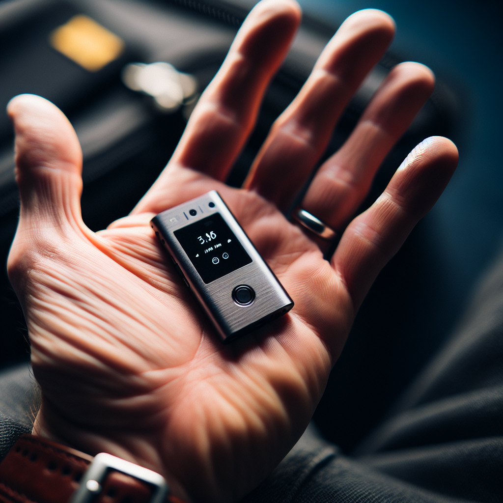 Le NanoPhone tient dans la paume de la main. NanoPhone dans une main, montrant sa petite taille.