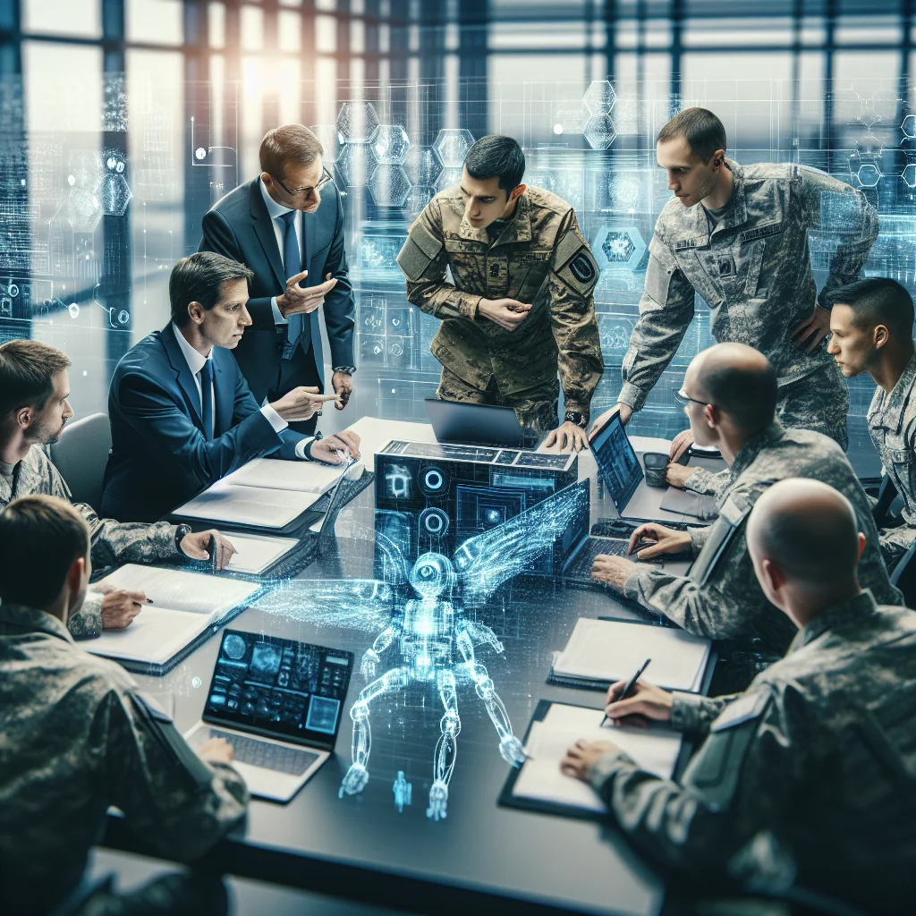 Équipe d'ingénieurs et militaires travaillant sur la technologie IA