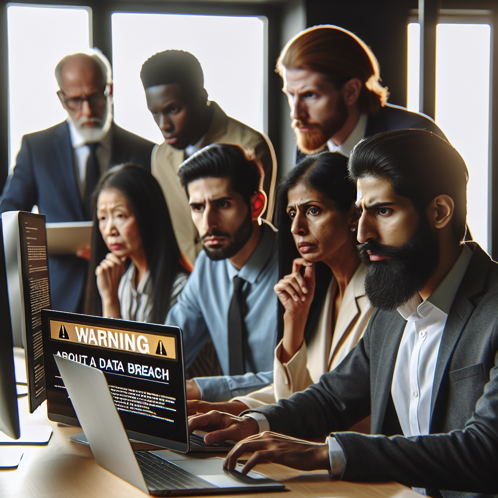Des personnes préoccupées devant des ordinateurs avec un message d'alerte.