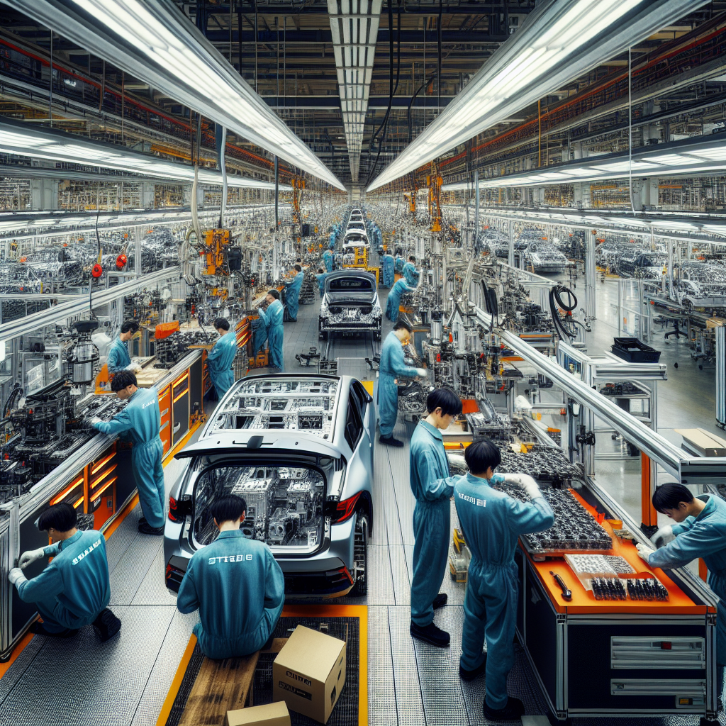 Ligne de production de véhicules hybrides Stellantis dans une usine moderne.