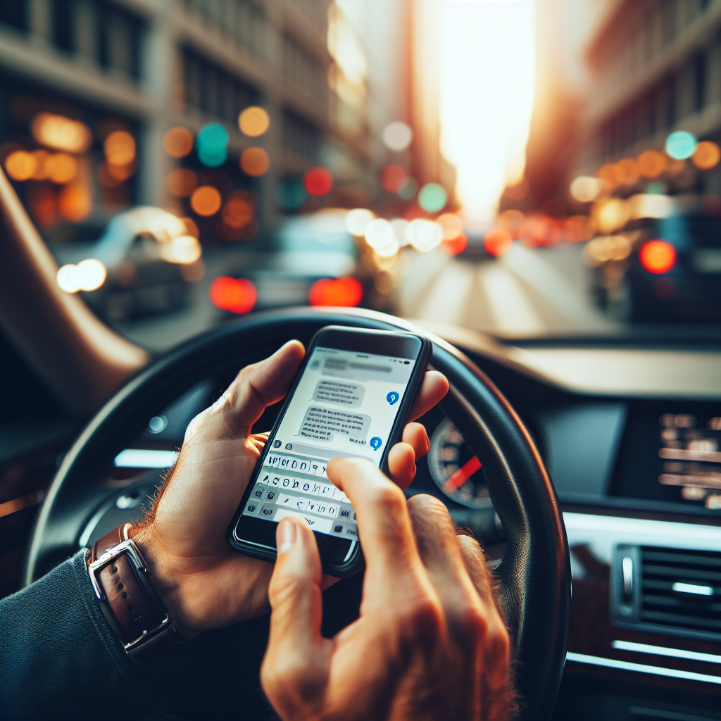 Main d'un conducteur tenant un smartphone sur le volant.