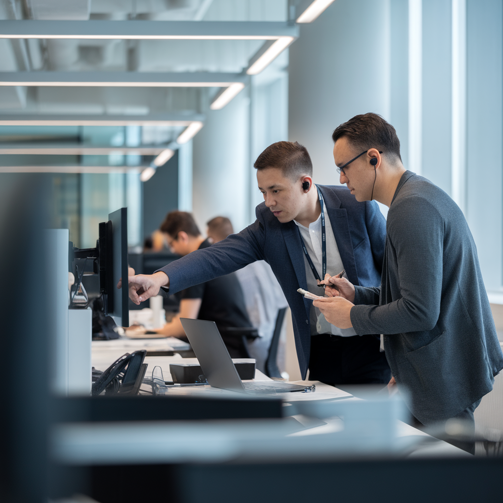 Deux développeurs migrent leurs outils IA en open space moderne