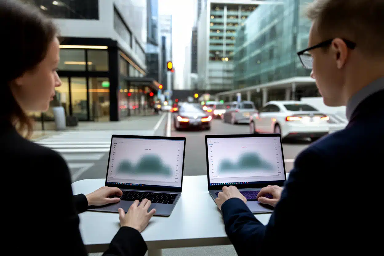 Ingénieurs comparent des performances de modèles IA dans un bureau moderne