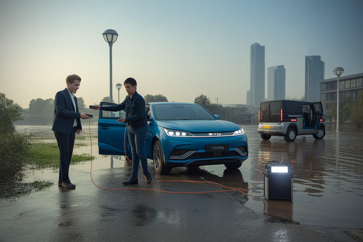 Propriétaires de Denza BYD apportant électricité de secours dans une zone inondée