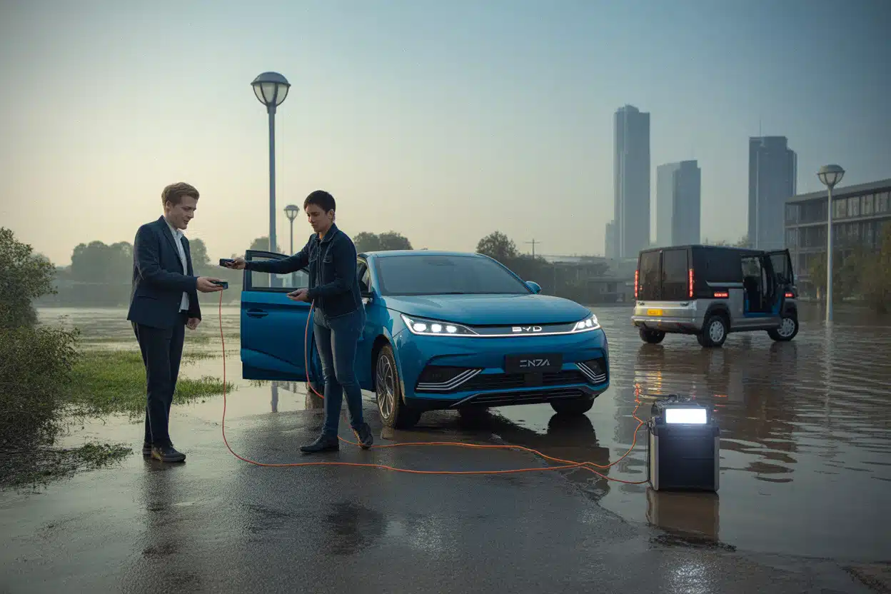 Propriétaires de Denza BYD apportant électricité de secours dans une zone inondée