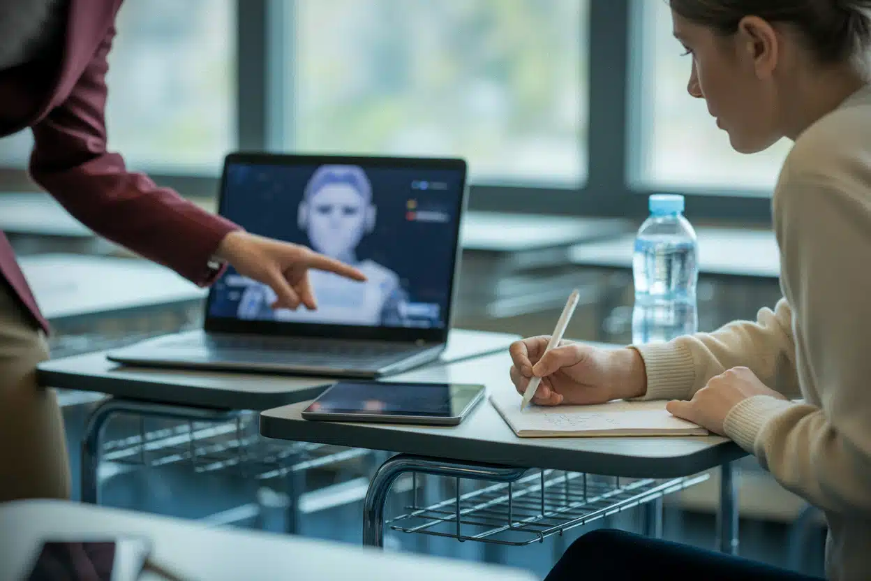 Professeur encadrant l’usage de l’IA en classe, prise de notes manuscrite