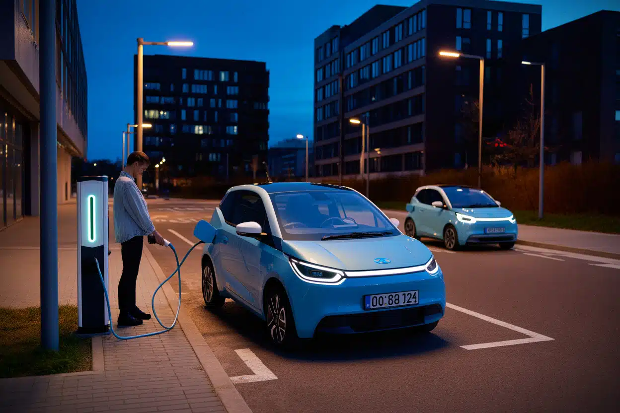 Recharge en ville d’une citadine électrique, usage quotidien et bornes publiques