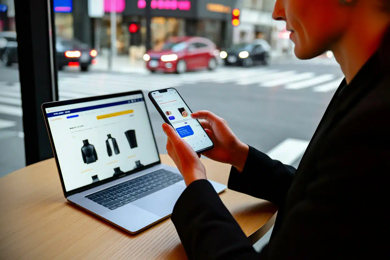 Client compare des produits via assistant IA sur smartphone et ordinateur