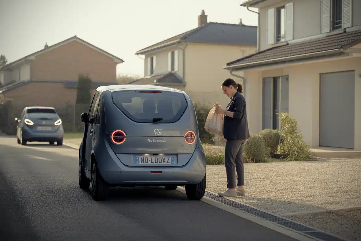 Intervenante d’aide à domicile près d’une voiture électrique sans permis