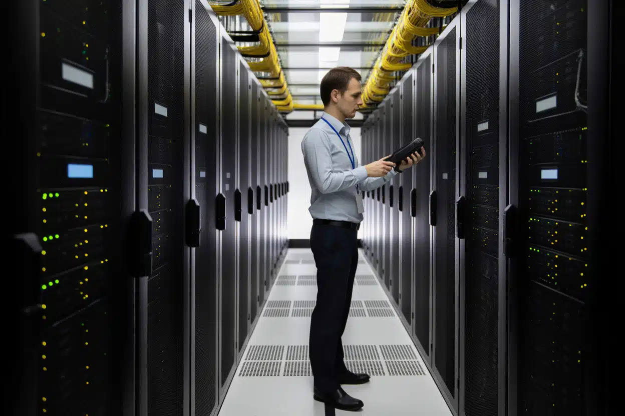 Couloir de datacenter Orange, technicien et visiteur en inspection