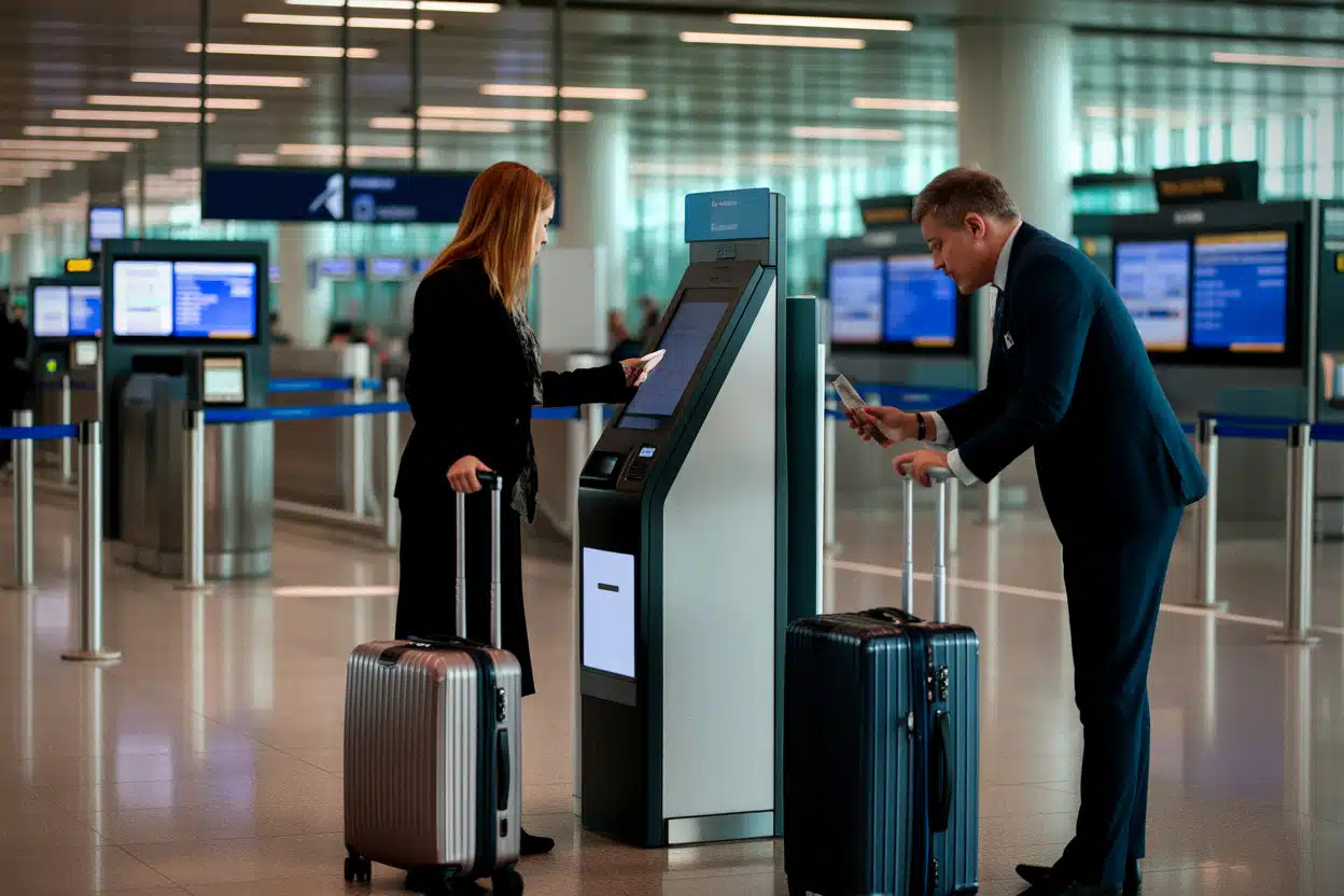 Aéroport moderne, bornes automatiques et agent d’assistance au sol