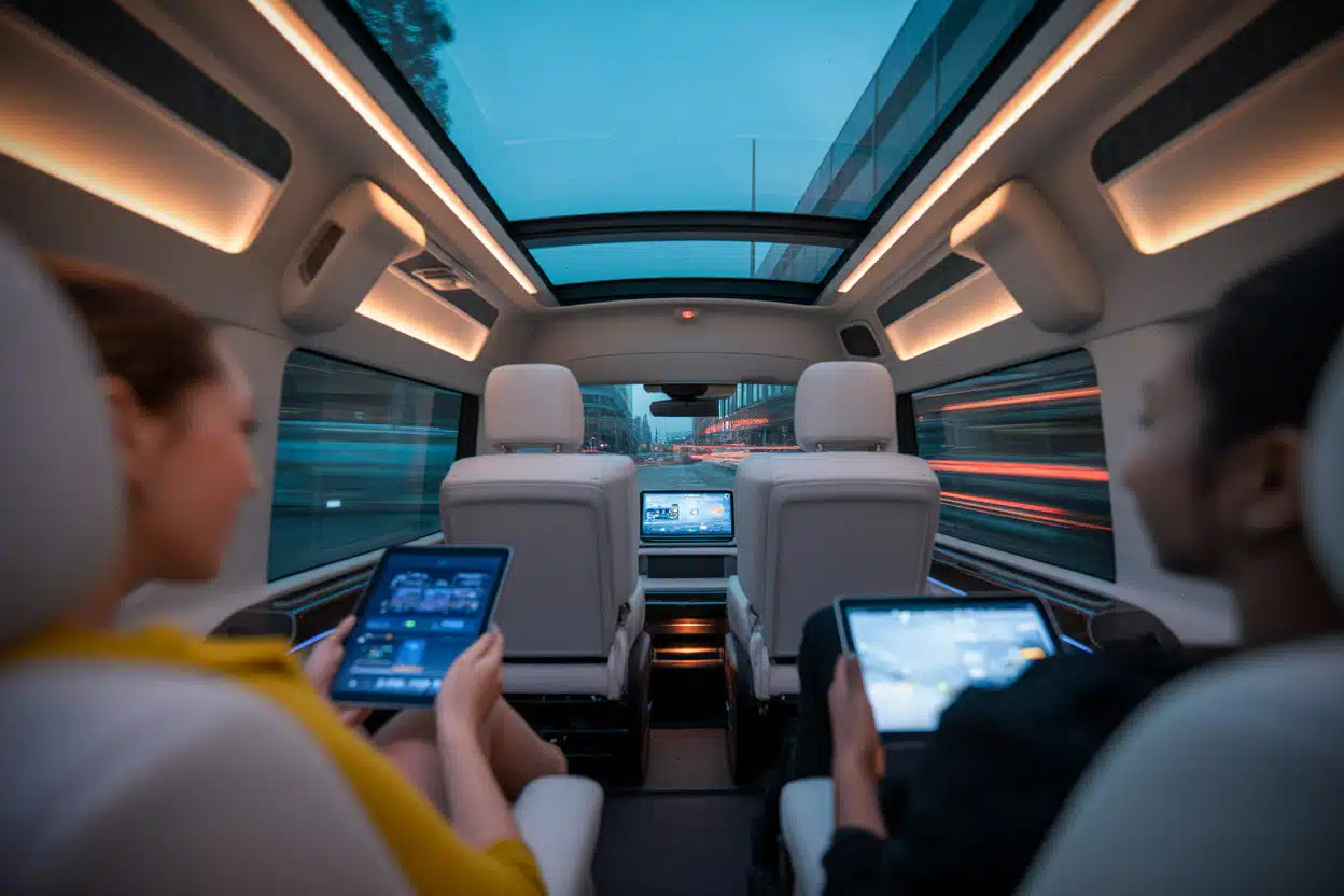 Habitacle du Mercedes VLE avec toit panoramique et écrans arrière