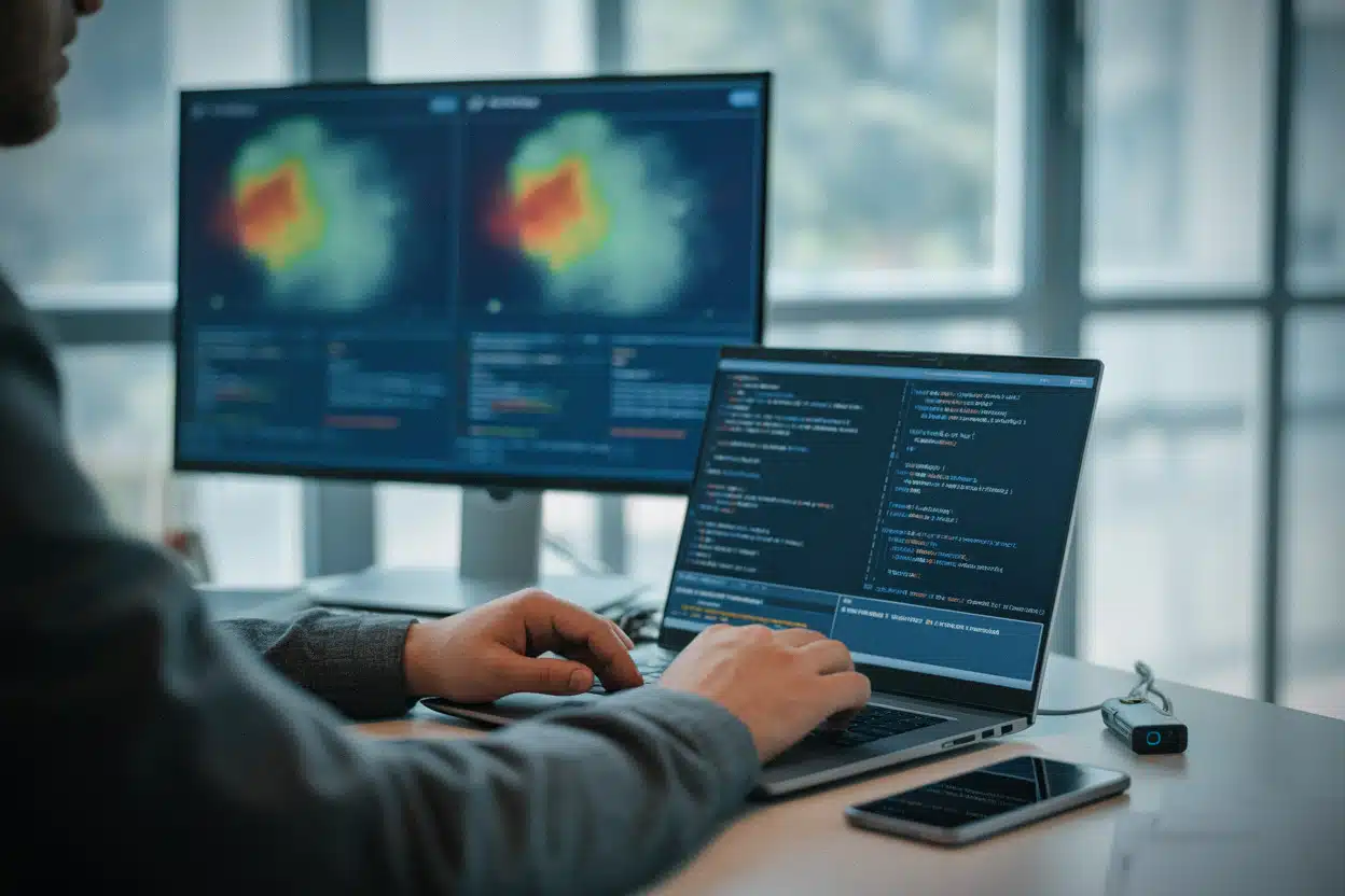 Ingénieur analysant des vulnérabilités Windows via IA en entreprise moderne