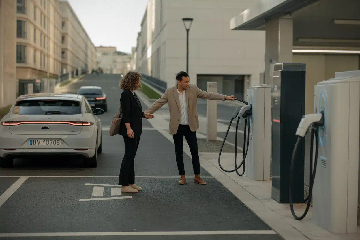 Visite immobilière avec parking et borne de recharge en copropriété