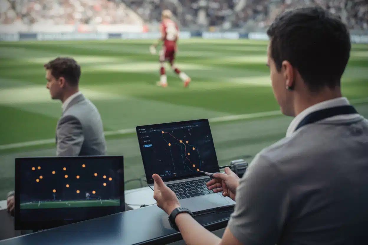 Analyste consulte données de tracking et tendances pendant un match