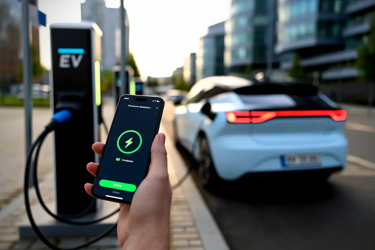 Abonnement recharge Engie sur smartphone près d’une borne urbaine