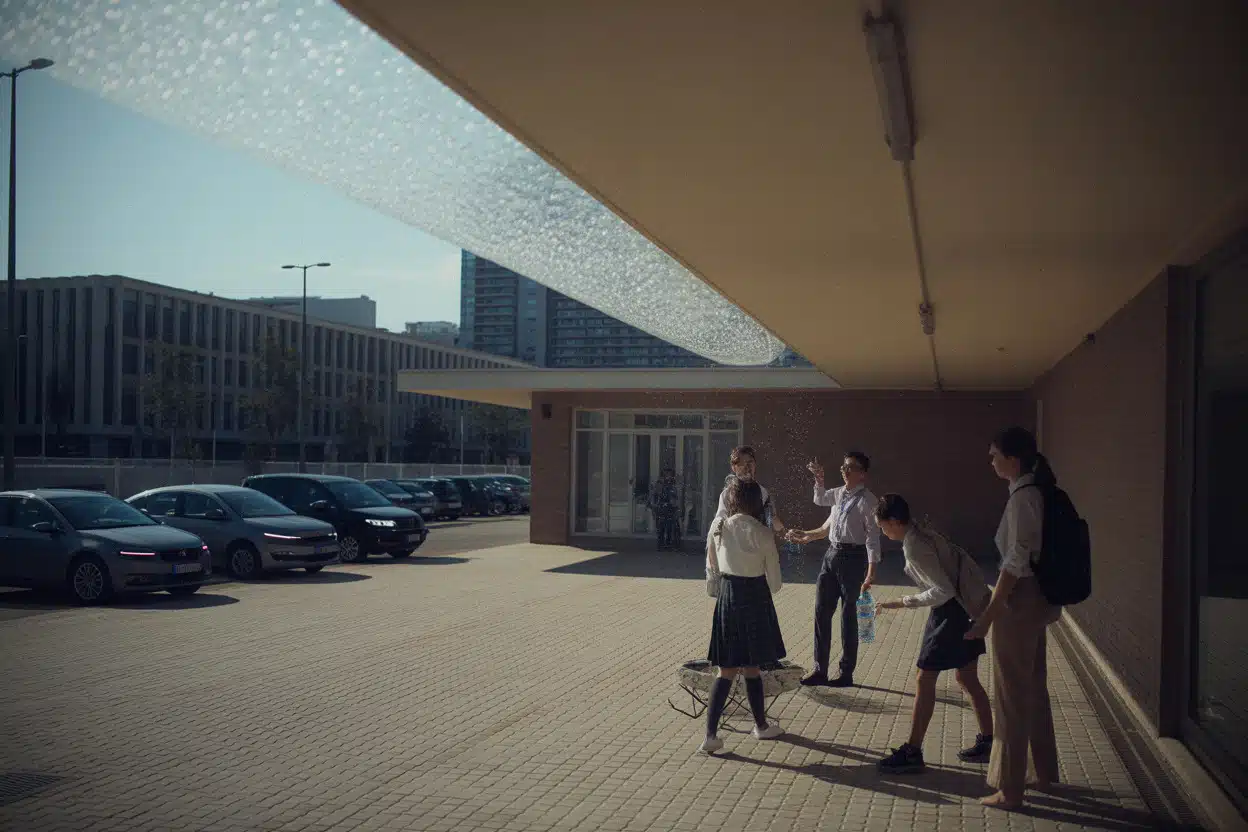 Cour d’école sous canicule, élèves à l’ombre et distribution d’eau
