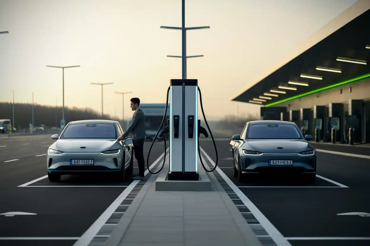 Recharge rapide sur autoroute avec véhicules électriques et bornes modernes