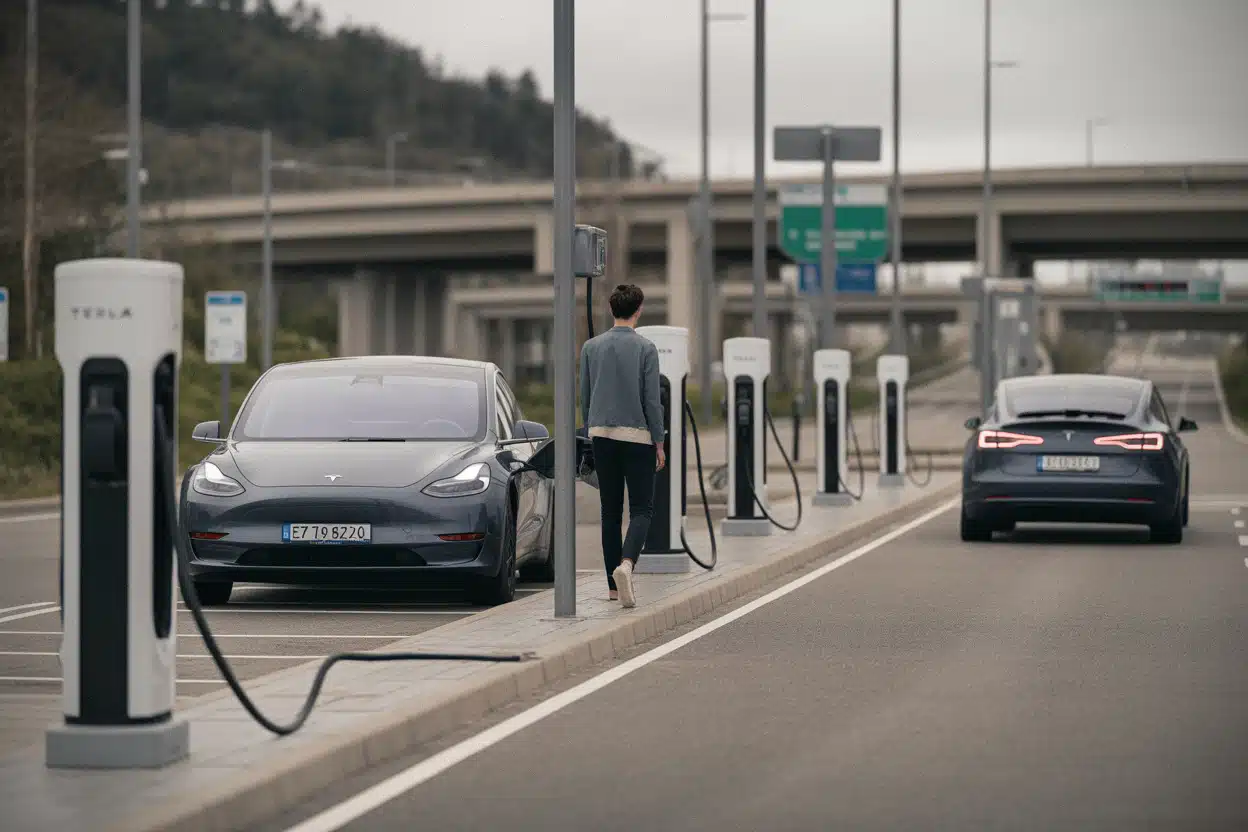 Station de recharge Tesla avec plusieurs véhicules et bornes rapides