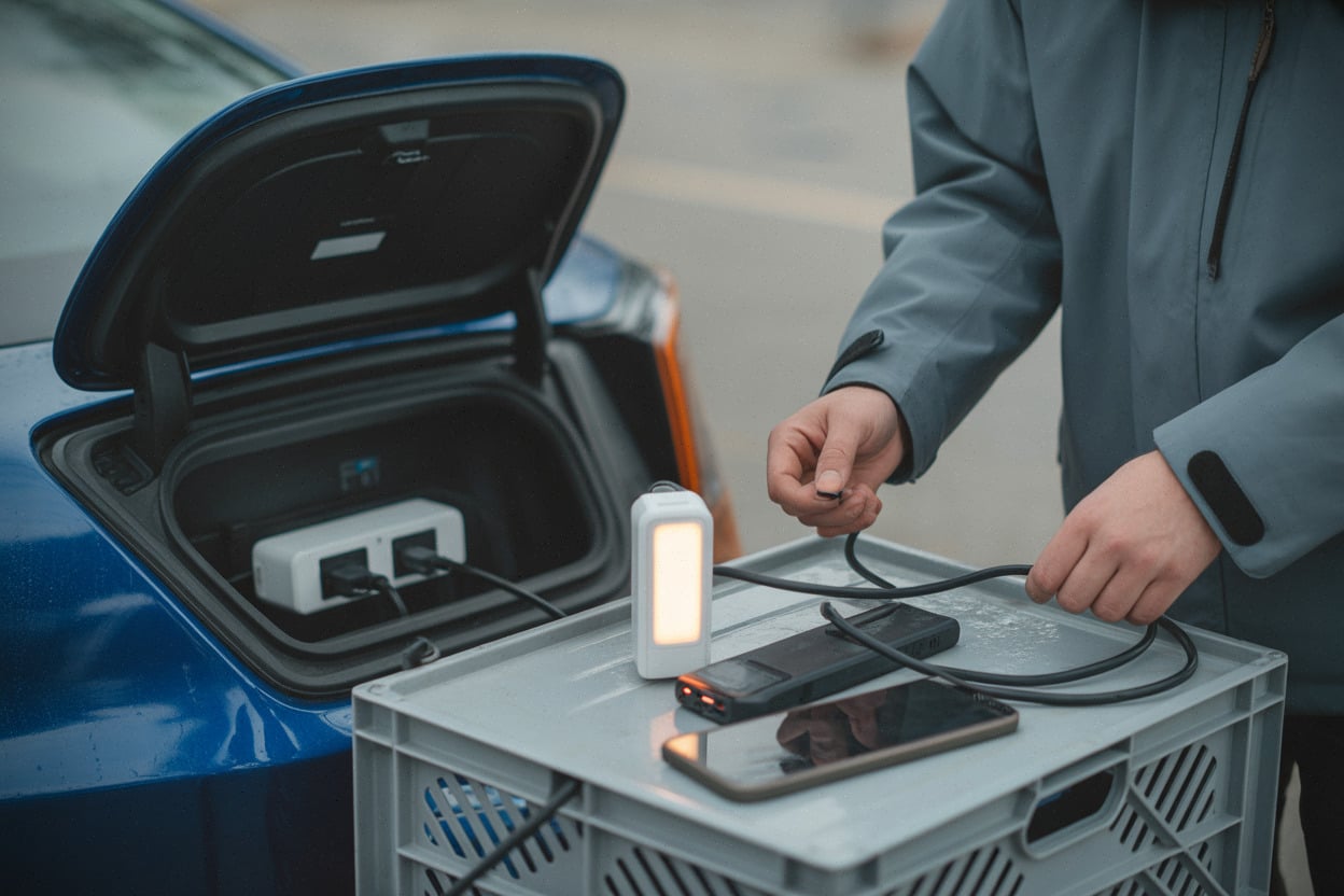 Recharge de téléphones via V2L sur voiture électrique après inondations en Chine