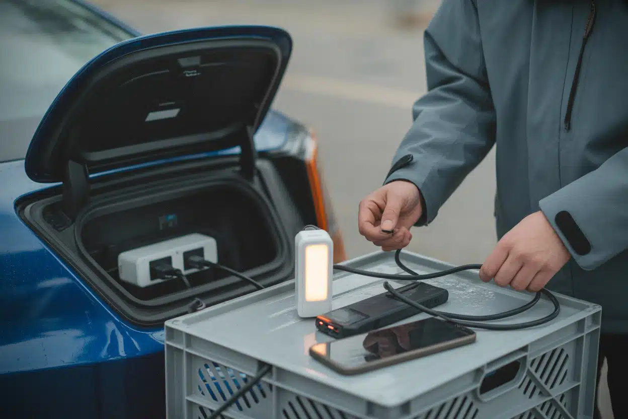 Recharge de téléphones via V2L sur voiture électrique après inondations en Chine